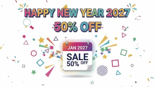 Happy New Year 2027 Sale 50% Off Discount Promotion Calendar Confetti Animation Background
