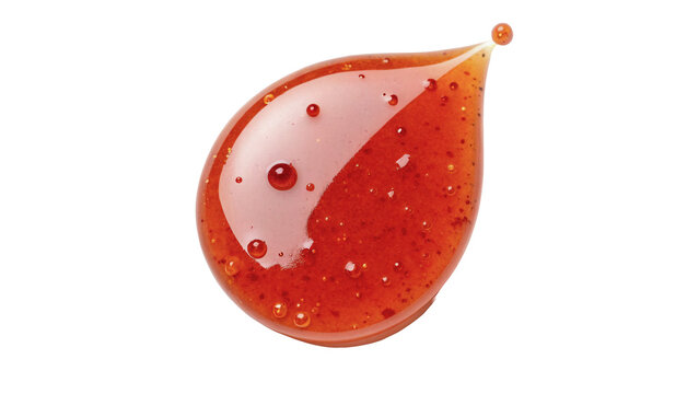 A glossy drop splash of sweet red strawberry jam syrup isolated on transparent background