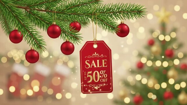 Christmas Sale 50% Off Discount Promotion Red Price Tag Pine Branch Bokeh 3D Render Motion Graphic Background Loop
