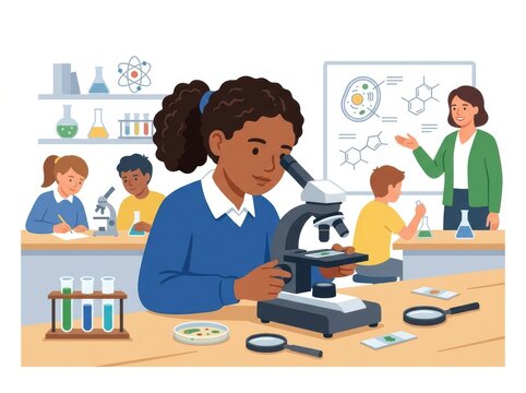 Young girl using microscope in science classroom with teacher and students