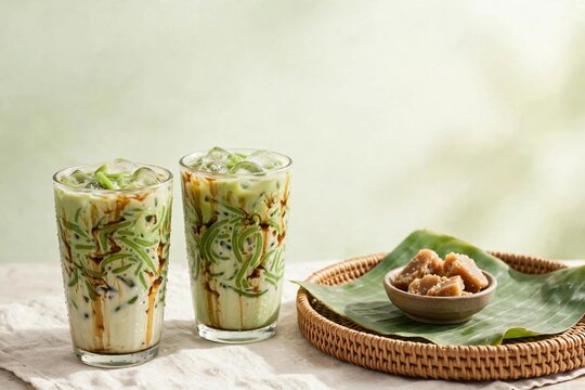 Indonesian iced cendol dessert glasses with palm sugar and copy space