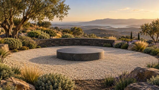 Wildfire Defensible Space Landscape With Empty Charcoal Stone Display Podium