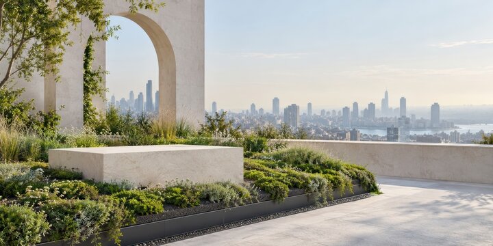 Green Roof Product Podium With Drainage Layer and Urban Skyline