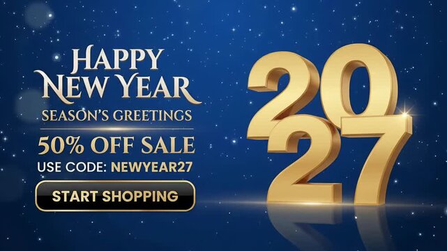 Happy New Year 2027 50% Off Sale Discount Promo Code Gold 3D Text Motion Graphic Background Loop
