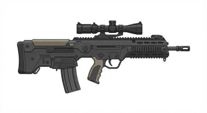 Modern assault rifle with scope on white background
