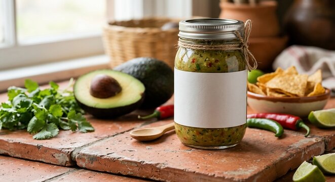 Glass jar of guacamole with blank label on terracotta kitchen counter