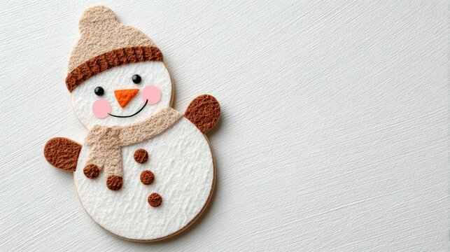 A gingerbread cookie shaped like a smiling snowman, decorated with white icing, a beanie hat, and a scarf on a light wooden background.Baking blogs, holiday recipe websites, Christmas DIY craft 