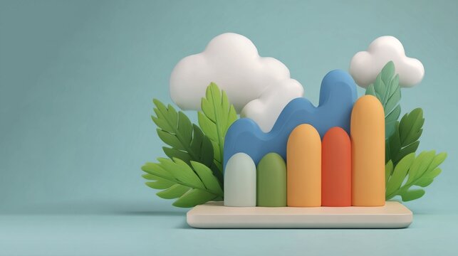 A smooth 3D bar chart with rising colored columns, a wavy growth trend line, green leaves, and fluffy white clouds set against a soft muted background.Fintech platforms, sustainable investment blogs