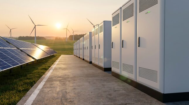 Line of battery storage cabinets beside solar panels with wind turbines in background during sunset.