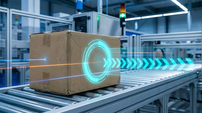 Cardboard box on a conveyor belt in a factory with futuristic holographic interface indicating tracking and logistics.