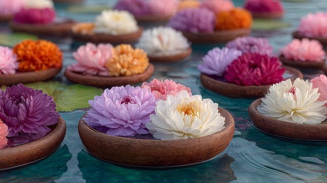 Colorful hand-carved flower soaps floating in small wooden bowls on clear blue water in a serene spa setting.Spa and wellness blogs, aromatherapy sites, beauty and skincare portals, travel and resort 