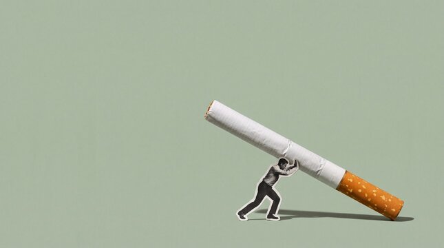 Weight of Addiction: A solitary figure struggles to push an oversized cigarette, symbolizing the immense burden and challenge of overcoming nicotine addiction.