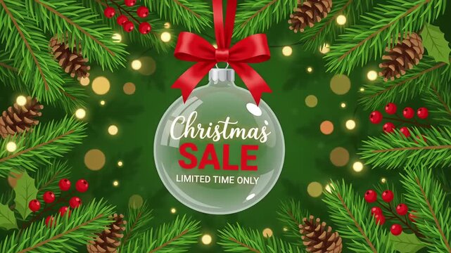 Christmas Sale Limited Time Only Discount Promotion Glass Bauble Pine Branch Bokeh Motion Graphic Loop

