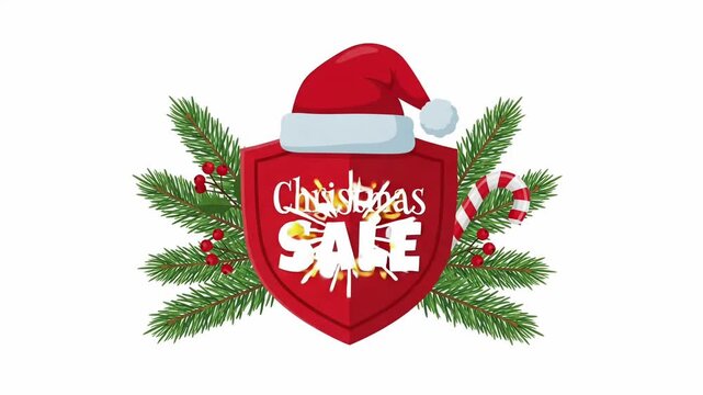 Christmas Sale Discount Promotion Shield Santa Hat Pine Branch Candy Cane 2D Animation Motion Graphic Loop
