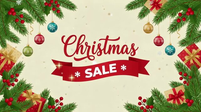 Christmas Sale promo discount offer festive pine branch ornaments gift box animation motion graphic loop
