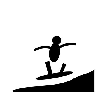 Black silhouette of a surfer on a wave isolated on white background, vector illustration