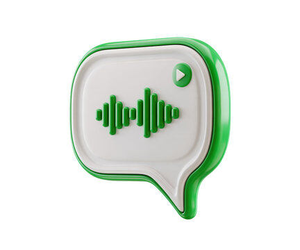 Green speech bubble icon with audio waveform and play button isolated on transparent background for digital communication and voice messaging interface design