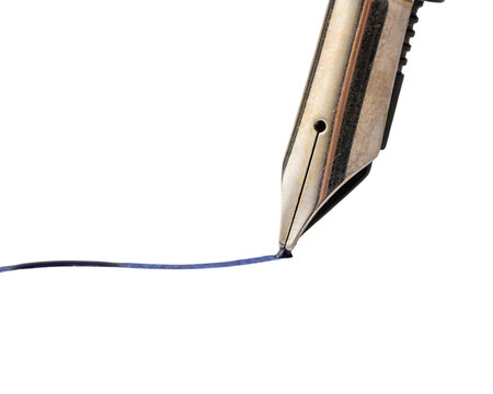Close up of a metallic gold and silver fountain pen nib a thin, horizontal blue ink line against a solid black background, isolated on a, transparent background