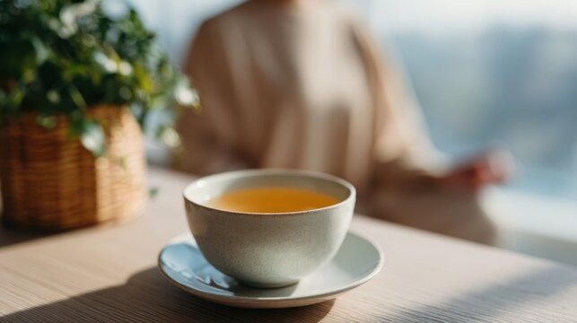 A cup of tea sits on a table in the foreground while a person meditates in the blurred background during the day