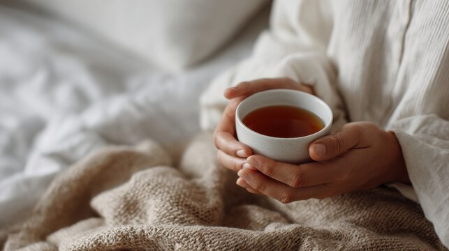 Hands hold a cup of tea above a bed with rumpled sheets and a knitted blanket, during a quiet moment indoors