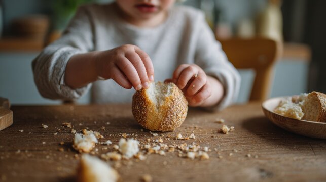 At a table indoors, a toddler uses both hands to break a crusty whole grain bread roll, leaving crumbs across the table