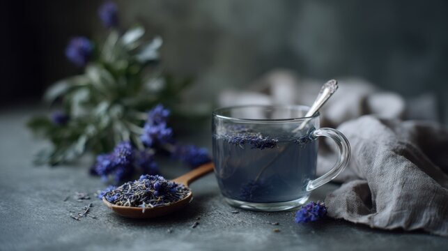 Blue pea flower and lavender tea sits in a glass cup with a silver spoon on a table, with flowers and dried herbs beside it in a dim indoor setting