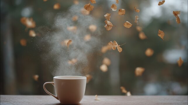 Steam rises from a cup of tea on a table while autumn leaves fall in the background, in an outdoor setting during the fall season
