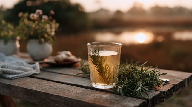 Rosemary and ginger tea sits in a clear glass on a rustic outdoor table as the sun sets, with rosemary sprigs and a cup nearby