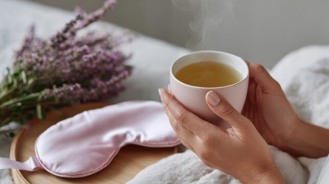 Hands hold a mug of lavender tea beside a silk sleep mask on a bedside table, as part of a bedtime routine in the evening