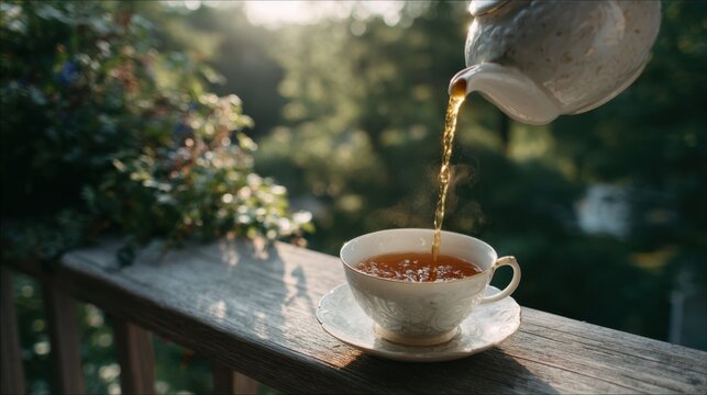 A stream of tea pours from a teapot into a cup on a balcony as golden hour light falls across the scene