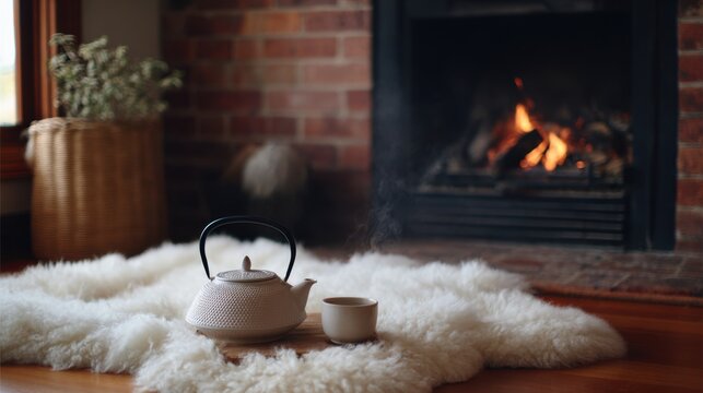 A teapot and cup sit on a sheepskin rug in front of a brick fireplace, with a fire burning indoors during the evening