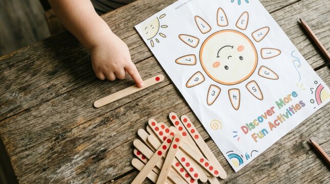 Small toddler pointing wooden counting stick toward educational sun worksheet on wooden table