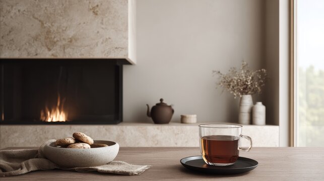 A glass of tea rests on the sleek black mantle of a modern fireplace in a living room, with a fire burning nearby during the day