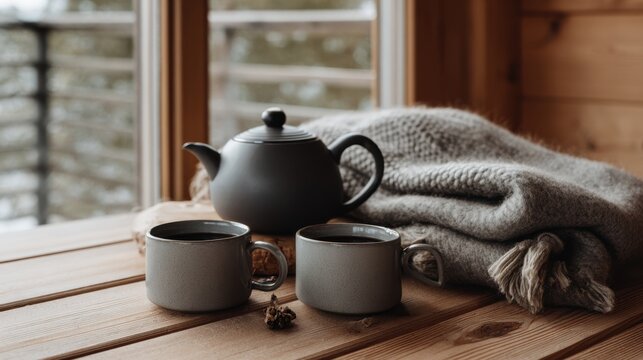 A grey stoneware teapot and two cups sit on a wooden table beside heavy wool blankets in a modern cabin during the day