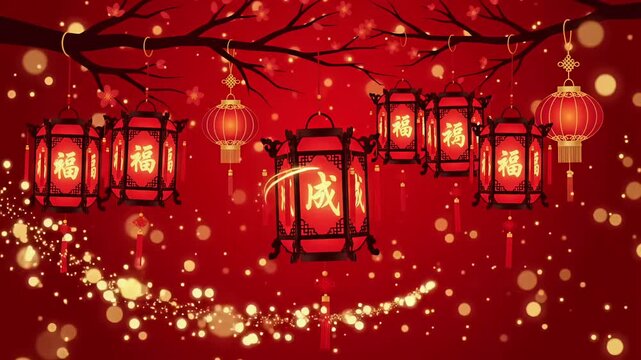 Chinese New Year red lantern Spring Festival Lunar blossom branch gold bokeh particle animation motion graphic loop
