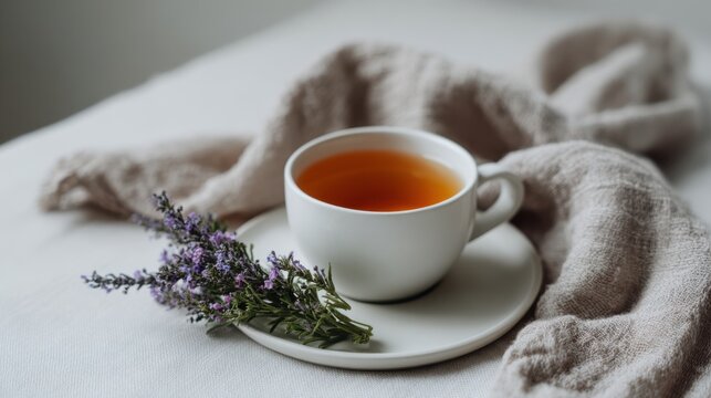 A white cup filled with tea rests on a saucer beside one sprig of lavender on a table, arranged for tea during the day
