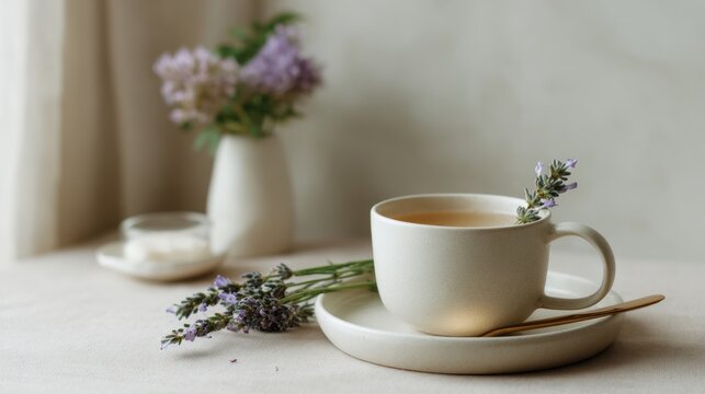 A white cup of tea and a single sprig of lavender sit on a table beside a window, with a small vase of flowers in the background during daylight