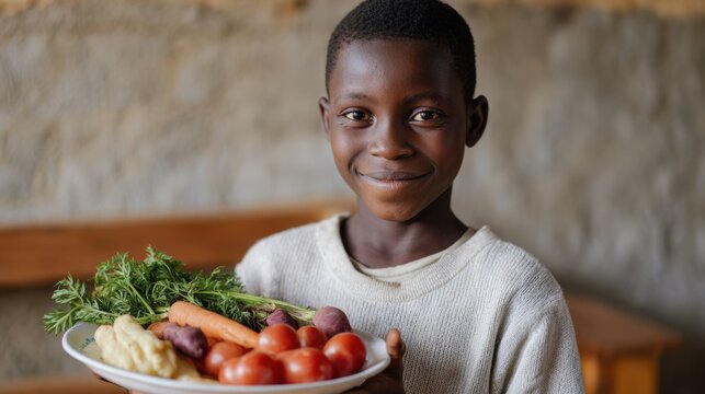 At a table indoors, a child smiles after finishing a whole plate of new vegetables, with the meal and vegetables visible in front of them
