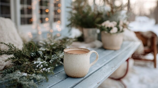 A metal mug filled with tea sits on a sled beside snow-dusted greenery in a winter setting, with a window and lights in the background
