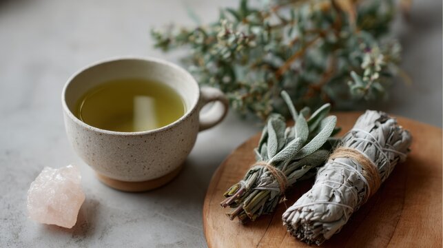 A cup of green herbal tea sits beside a small crystal and bundles of dried sage on a tabletop, arranged for a wellness flat lay during the day