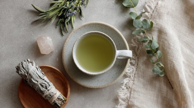 A cup of green herbal tea, a small crystal, and bundles of dried sage are arranged on a table during a wellness moment in daylight
