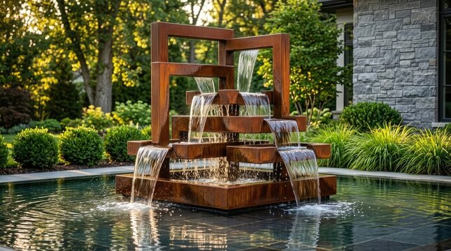 Modern geometric water fountain featuring cascading streams flowing down rusty brown metal frames outdoors