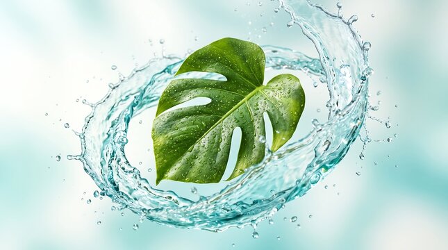 Tropical monstera leaf splashing in clear water with drop botanical freshness droplets refreshing movement wellness