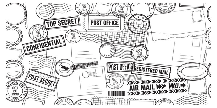 Set of six black circular ink stamps and messy round design elements on a flat surface