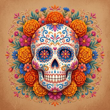 Day of dead sugar skull with vibrant marigold flowers and ornamental patterns on background.