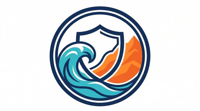 Vector circular icon featuring shield emblem with ocean wave and orange mountain for safety logo.