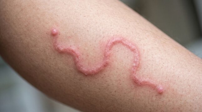 Macro photograph of cutaneous larva migrans creeping eruption rash on human leg skin