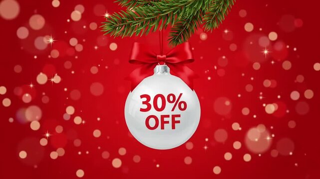 30% Off Christmas sale discount promo white bauble ornament pine branch bokeh animation motion graphic loop
