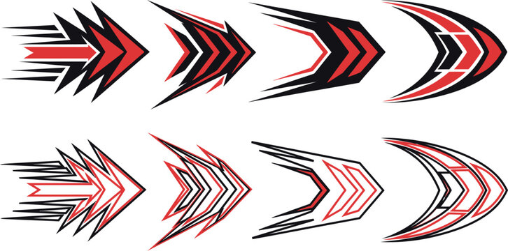 A collection of dynamic red and black racing stripes and arrow shapes designed for vehicle decals and high speed sports graphic design projects