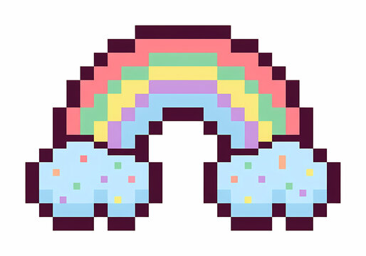 Cute rainbow with clouds pixel art icon, retro 8-bit style isolated on white background